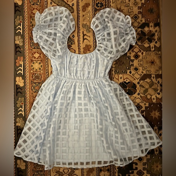 Evolutionary Apparel Light Blue Checkered/Grid Puff Sleeve Mini Dress - Picture 4 of 4